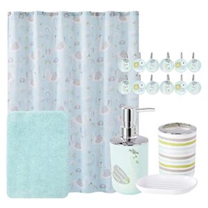 indecor home bathroom accessory set, fun swan design, includes shower curtain, 12 printed curtain hooks, soap dish, toothbrush holder, soap dispenser and soft non-slip bath rug mat box set