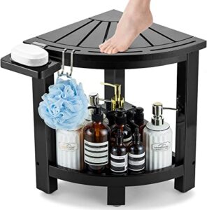 etechmart bamboo corner shower stool for shaving legs foot rest, waterproof bath bench seat with storage shelf and soap dish for bathroom inside shower, use as small corner table step stools, espresso