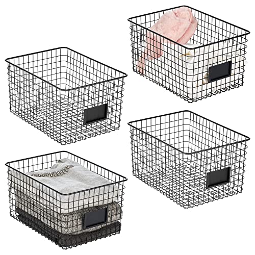 mDesign Large Metal Farmhouse Storage Organizer Bin Baskets with Label Slot for Closet, Cabinet, Cupboard - Wire Organizing Basket Holds Clothing, Linens, Shoes, Omaha Collection, 4 Pack, Matte Black