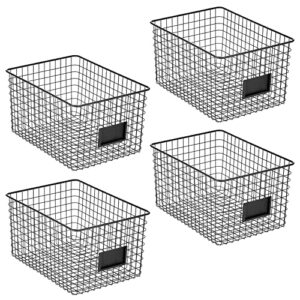 mDesign Large Metal Farmhouse Storage Organizer Bin Baskets with Label Slot for Closet, Cabinet, Cupboard - Wire Organizing Basket Holds Clothing, Linens, Shoes, Omaha Collection, 4 Pack, Matte Black