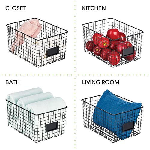 mDesign Large Metal Farmhouse Storage Organizer Bin Baskets with Label Slot for Closet, Cabinet, Cupboard - Wire Organizing Basket Holds Clothing, Linens, Shoes, Omaha Collection, 4 Pack, Matte Black