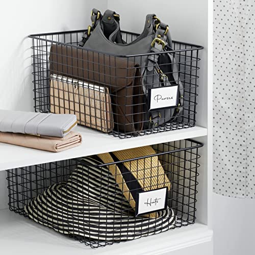 mDesign Large Metal Farmhouse Storage Organizer Bin Baskets with Label Slot for Closet, Cabinet, Cupboard - Wire Organizing Basket Holds Clothing, Linens, Shoes, Omaha Collection, 4 Pack, Matte Black