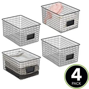 mDesign Large Metal Farmhouse Storage Organizer Bin Baskets with Label Slot for Closet, Cabinet, Cupboard - Wire Organizing Basket Holds Clothing, Linens, Shoes, Omaha Collection, 4 Pack, Matte Black