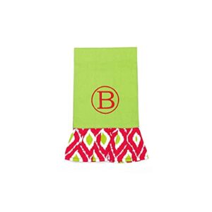 drama décor personalized green hand towel with red & green ikat trim, monogramed hand towel