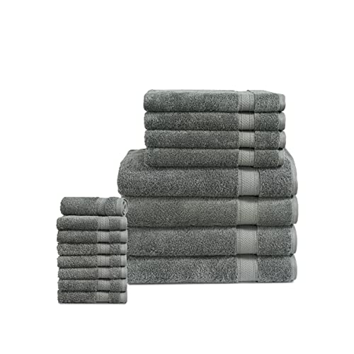 LANE LINEN 16PC Bath Towels Bathroom Set - Space Grey for 100% Cotton Towel Luxury Highly Absorbent Shower 4 Hand 8 Washcloths