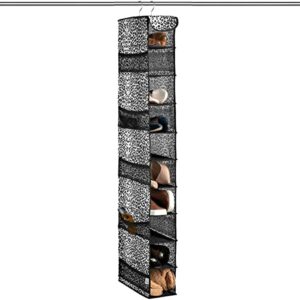 clozzers 10 shelf hanging shoe organizer for closet, with 10 mesh side pockets for accessories - animal print, black