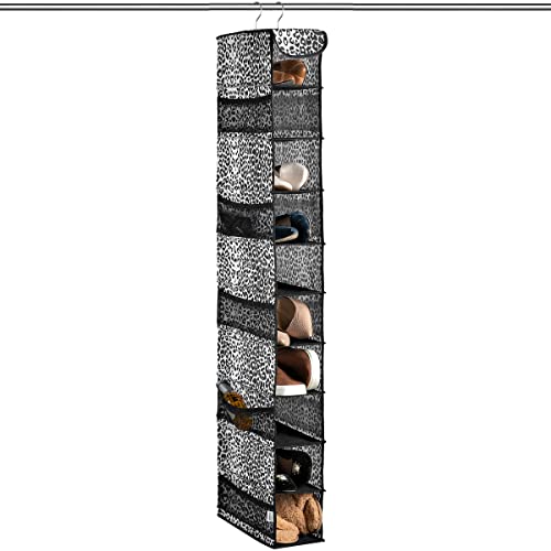 CLOZZERS 10 Shelf Hanging Shoe Organizer for Closet, with 10 Mesh side pockets for Accessories - Animal Print, Black