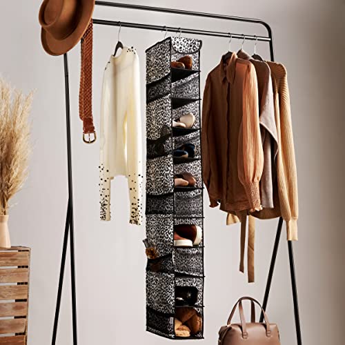 CLOZZERS 10 Shelf Hanging Shoe Organizer for Closet, with 10 Mesh side pockets for Accessories - Animal Print, Black