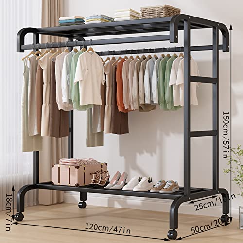 Qingluan Clothing Rack Heavy Duty Clothes Rack, Rolling Clothes Rack, Sturdy Metal Wardrobe Closet Rack for Hanging Clothes, Freestanding Closet Organizer, Max Load 520lbs,Black,47×20in/120×50cm