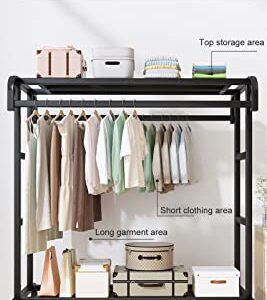 Qingluan Clothing Rack Heavy Duty Clothes Rack, Rolling Clothes Rack, Sturdy Metal Wardrobe Closet Rack for Hanging Clothes, Freestanding Closet Organizer, Max Load 520lbs,Black,47×20in/120×50cm