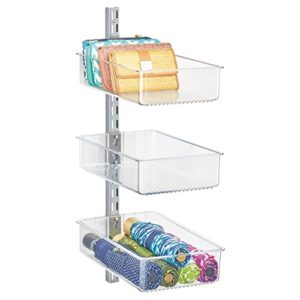 mdesign plastic wall mount bins with metal hanging bar - repositionable bins - for closet storage and organization - holds belts, leggings, shoes, purses, scarfs - set of 3 - clear