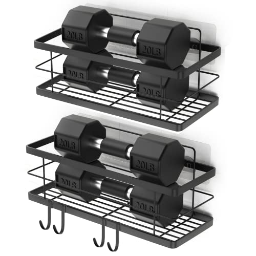 Large Shower Caddy Basket Shelf, 2 Pack, Bathroom Storage Organizer with 4 Hooks, Adhesive No Drilling Wall Mounted Shower Rack, Rustproof SUS304 Stainless Steel Shower Organizer for Kitchen - Black