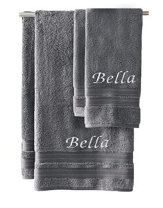 liberty21 luxury embroidered bath & hand towels, 100% cotton. custom monogrammed personalized embroidered towels. set includes 1 bath towel and 1 hand towel. (grey)