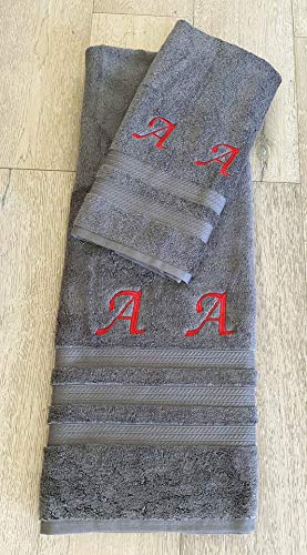 Liberty21 Luxury Embroidered Bath & Hand Towels, 100% Cotton. Custom Monogrammed Personalized Embroidered Towels. Set Includes 1 Bath Towel and 1 Hand Towel. (Grey)