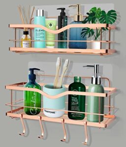 babylion1 rose gold bathroom organizer shelf – 2 pack shower caddy baskets with 4 movable hooks – rustproof stainless steel strong adhesive cute storage decor rack for inside shower, kitchen