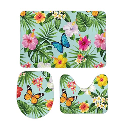 Tropical Flowers Leaves Bathroom Rugs Sets 3 Piece Summer Butterfly Bath Mats Non Slip Washable Bath Rugs Absorbent Quick Dry U-Shaped Contour Toilet Mat with Toilet Lid Cover for Shower Tub Coral Vel