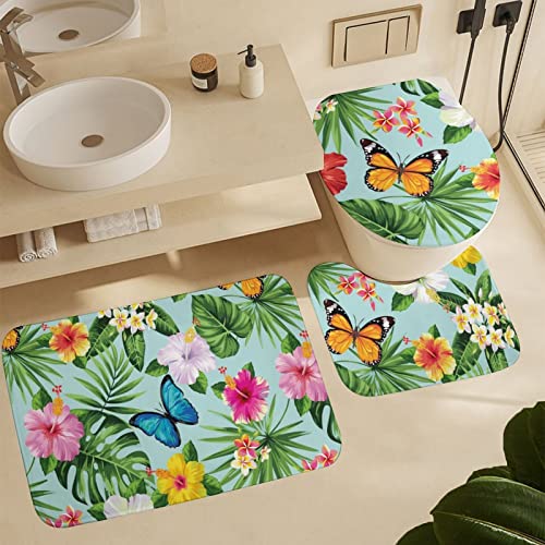 Tropical Flowers Leaves Bathroom Rugs Sets 3 Piece Summer Butterfly Bath Mats Non Slip Washable Bath Rugs Absorbent Quick Dry U-Shaped Contour Toilet Mat with Toilet Lid Cover for Shower Tub Coral Vel