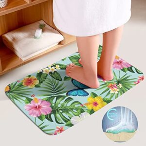 Tropical Flowers Leaves Bathroom Rugs Sets 3 Piece Summer Butterfly Bath Mats Non Slip Washable Bath Rugs Absorbent Quick Dry U-Shaped Contour Toilet Mat with Toilet Lid Cover for Shower Tub Coral Vel