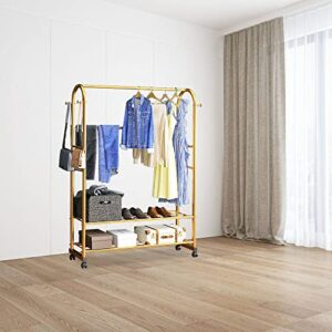 DSIOHFEI Metal Garment Rack Clothing Hanging Rack Free Standing Clothing Hanger with Top Rod,Lower Storage Shelves for Home Bedroom Laundry (Golden)