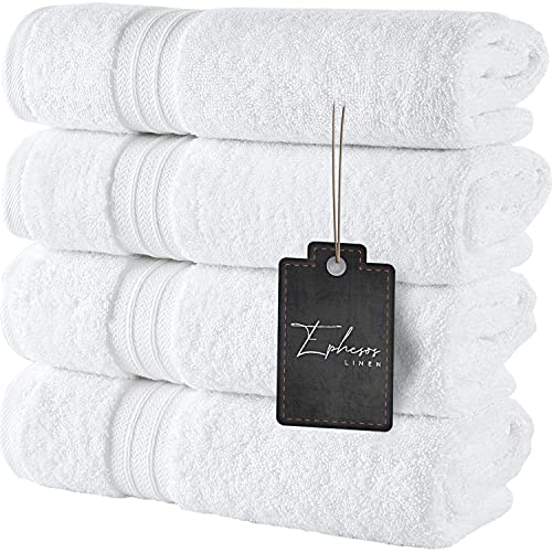 Ephesos 4-Pieces 16"x30" Hand Towels Set | Premium Quality for Daily Bathroom Use, 100% Cotton Towel (Hand Towels Set of 4, White)