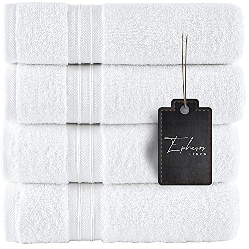 Ephesos 4-Pieces 16"x30" Hand Towels Set | Premium Quality for Daily Bathroom Use, 100% Cotton Towel (Hand Towels Set of 4, White)