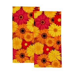 hand towels face towels set of 2 red orange yellow gerbera flowers soft comfortable polyester microfiber fast water absorbent towels for bathroom kitchen 30x15 inch