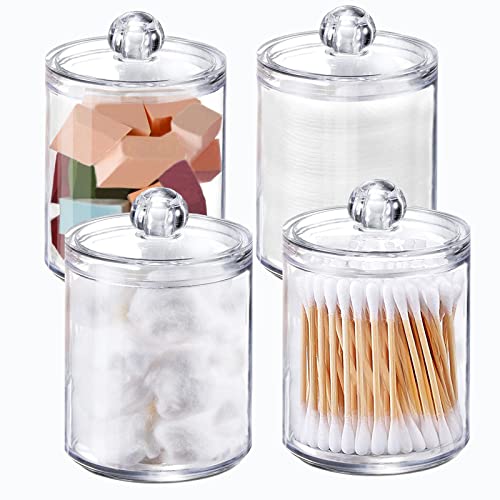 WISIEW 4 Pack Qtip Holder Dispenser for Cotton Ball, Cotton Swab, Cotton Round Pads, Floss - 10 oz Clear Plastic Apothecary Jar Set for Bathroom Canister Storage Organization, Vanity Makeup Organizer