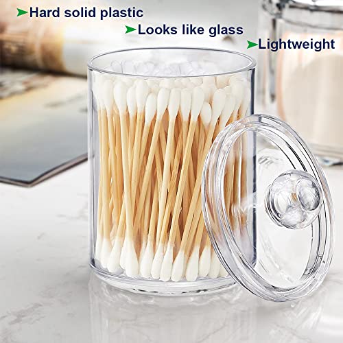 WISIEW 4 Pack Qtip Holder Dispenser for Cotton Ball, Cotton Swab, Cotton Round Pads, Floss - 10 oz Clear Plastic Apothecary Jar Set for Bathroom Canister Storage Organization, Vanity Makeup Organizer