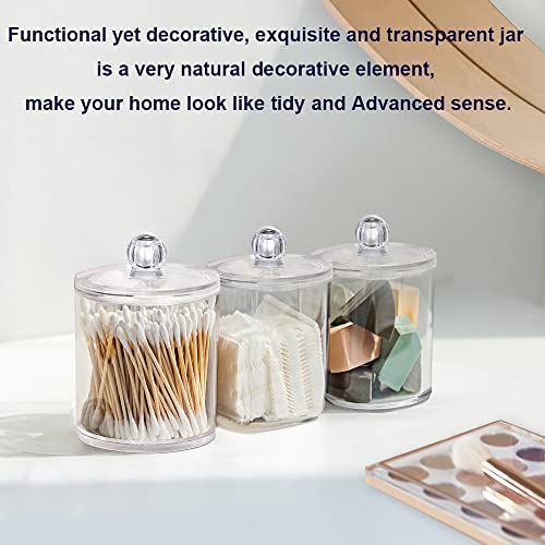 WISIEW 4 Pack Qtip Holder Dispenser for Cotton Ball, Cotton Swab, Cotton Round Pads, Floss - 10 oz Clear Plastic Apothecary Jar Set for Bathroom Canister Storage Organization, Vanity Makeup Organizer