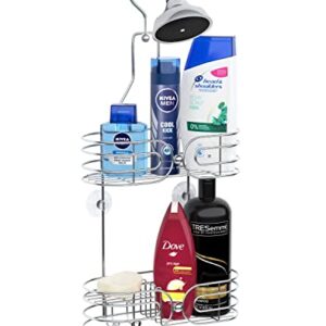 SKATCO Hanging Shower Caddy - 2-Tier Rust-Resistant Stainless Steel Shelves Chrome Rack Over Shower Head Organizer Bathroom Basket Storage Holds Shampoo, Conditioner, Soap, Bath Sponge, Razors