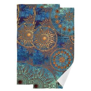 oyihfvs damask with circles flowers in blue, orange and gold 2 pieces face towel, highly absorbent cotton dish hand towels, soft washcloth for spa bathroom hotel kitchen beach gym yoga