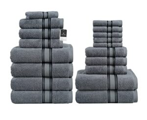 lane linen bath towels for bathroom set- 100% cotton towel set soft 6 hand wash cloths quick dry highly absorbent shower - 18 piece space grey
