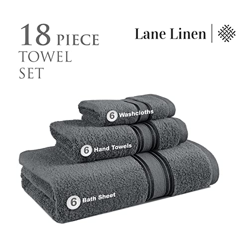 LANE LINEN Bath Towels for Bathroom Set- 100% Cotton Towel Set Soft 6 Hand Wash Cloths Quick Dry Highly Absorbent Shower - 18 Piece Space Grey