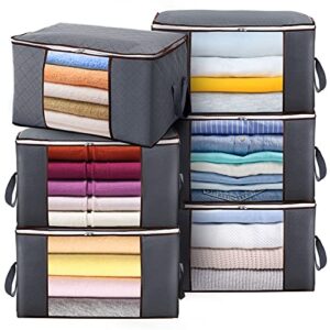 6-pack clothes organizer storage bag, 49l foldable storage bins closet storage containers with clear window and reinforced handles for dorm, blanket, pillows, bedding, sweaters, coats, stuffed toys