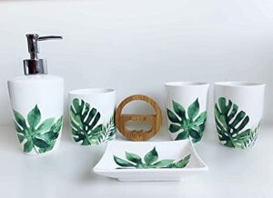 ceramic bathroom sets,5 pieces bathroom accessory set-lotion dispenser,toothbrush holder,tumbler & soap dish,green leaves design bath ensemble (#2)