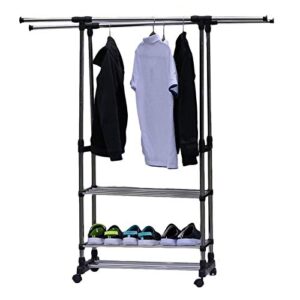 double clothing garment rack,clothing racks with 3 tiers stainless steel clothing garment shoe rack on wheels rolling clothes rack for hanging clothes heavy duty portable collapsible