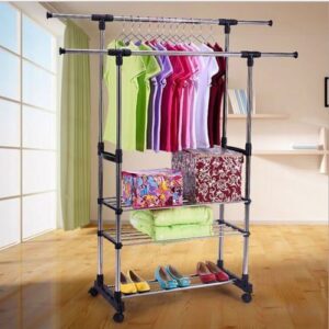Double Clothing Garment Rack,Clothing Racks with 3 Tiers Stainless Steel Clothing Garment Shoe Rack on Wheels Rolling Clothes Rack for Hanging Clothes Heavy Duty Portable Collapsible