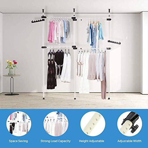 Estink Garment Rack Clothing Hanger, Heavy Duty Adjustable Closet Rod Double Rail,Simple No Drilling for Bedroom Freestanding Wardrobe Closet Organizer System,3 Vertical Poles 4 Bars