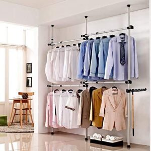 Estink Garment Rack Clothing Hanger, Heavy Duty Adjustable Closet Rod Double Rail,Simple No Drilling for Bedroom Freestanding Wardrobe Closet Organizer System,3 Vertical Poles 4 Bars