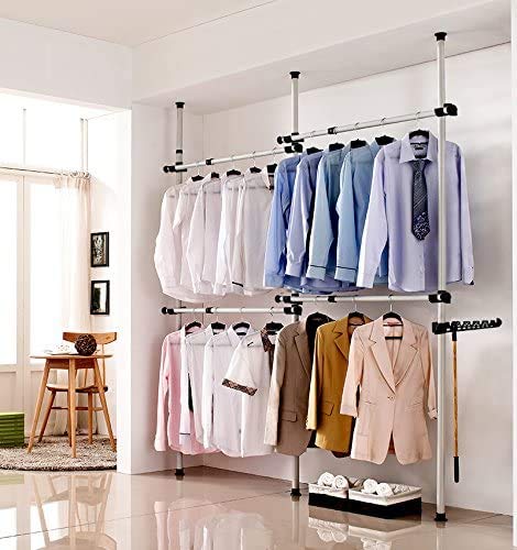 Estink Garment Rack Clothing Hanger, Heavy Duty Adjustable Closet Rod Double Rail,Simple No Drilling for Bedroom Freestanding Wardrobe Closet Organizer System,3 Vertical Poles 4 Bars