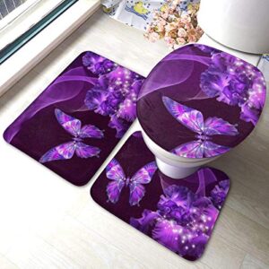 qiaoqiao purple butterfly bathroom rugs and mats sets 3 piece (bath mat u-shaped contour shower mat non slip absorbent toilet lid cover washable) 40x60cm, onesize