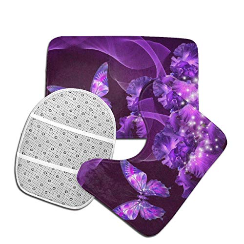 QIAOQIAO Purple Butterfly Bathroom Rugs and Mats Sets 3 Piece (Bath Mat U-Shaped Contour Shower Mat Non Slip Absorbent Toilet Lid Cover Washable) 40x60cm, OneSize