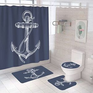 posienr nautical navy blue anchor bathroom sets with shower curtain and rugs accessories, vintage 12 hooks, bath mat set decor by durable waterproof fabric