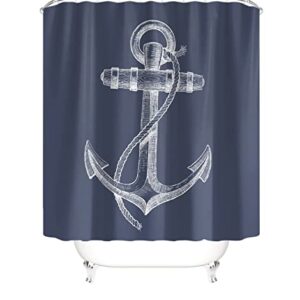Posienr Nautical Navy Blue Anchor Bathroom Sets with Shower Curtain and Rugs Accessories, Vintage 12 Hooks, Bath Mat Set Decor by Durable Waterproof Fabric