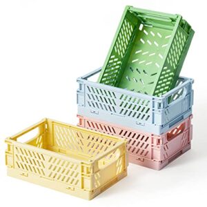 D1resion 4Pcs Mini Stackable Crates Decor Danish Pastel Aesthetic Stacking Folding Plastic Storage Crate Foldable Bin Baskets Tray with Handles for Shelf Grocery Kitchen Bedroom Desktop Organizer Box