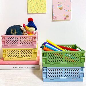 D1resion 4Pcs Mini Stackable Crates Decor Danish Pastel Aesthetic Stacking Folding Plastic Storage Crate Foldable Bin Baskets Tray with Handles for Shelf Grocery Kitchen Bedroom Desktop Organizer Box
