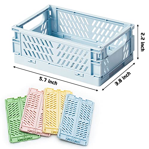 D1resion 4Pcs Mini Stackable Crates Decor Danish Pastel Aesthetic Stacking Folding Plastic Storage Crate Foldable Bin Baskets Tray with Handles for Shelf Grocery Kitchen Bedroom Desktop Organizer Box
