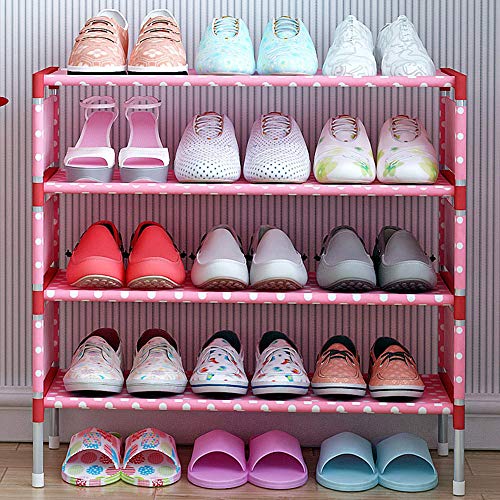 TZAMLI 4-Tier Free Standing Shoe Rack 12 Pairs Non-Woven Fabric of Shoes Organizer in Closet Entryway Hallway,Anti-Rust, Metal Frame and Fabric Shelves,22.8 x 10.6 x 25.2'' (Pink dots)