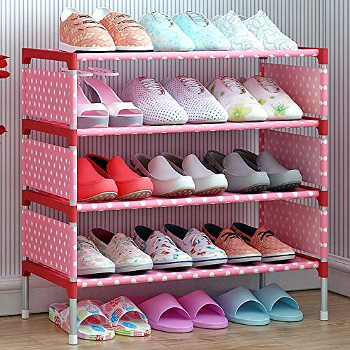 TZAMLI 4-Tier Free Standing Shoe Rack 12 Pairs Non-Woven Fabric of Shoes Organizer in Closet Entryway Hallway,Anti-Rust, Metal Frame and Fabric Shelves,22.8 x 10.6 x 25.2'' (Pink dots)