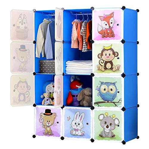 BRIAN & DANY Portable Cartoon Clothes Closet DIY Modular Storage Organizer, Sturdy and Safe Wardrobe for Children and Kids, 8 Cubes&2 Hanging Sections, 30% Deeper Than Standard Version, Blue